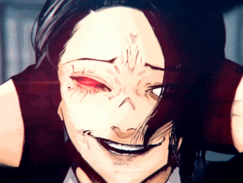 a close up of a person 's face with red eyes and a smile