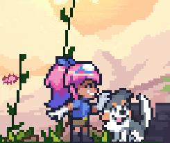 a pixel art of a girl and a dog
