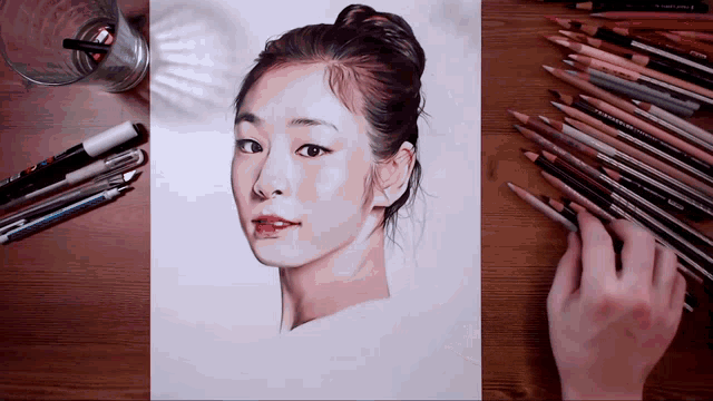a drawing of a woman 's face is surrounded by colored pencils and pens