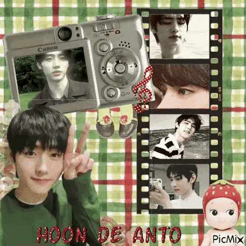 a collage of pictures of a boy with a camera and a doll .