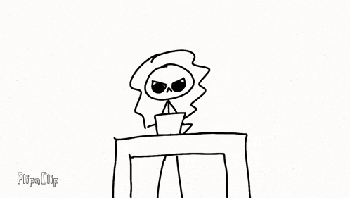 a black and white drawing of a stick figure with a skull on its head .