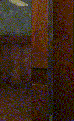 a cartoon character is peeking out of a doorway .