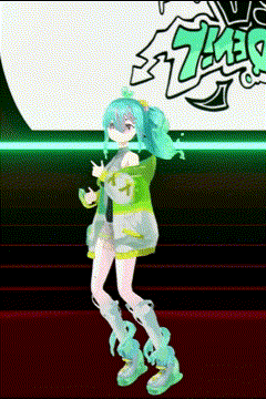 a girl with green hair is dancing in front of a sign that says ' the ' on it
