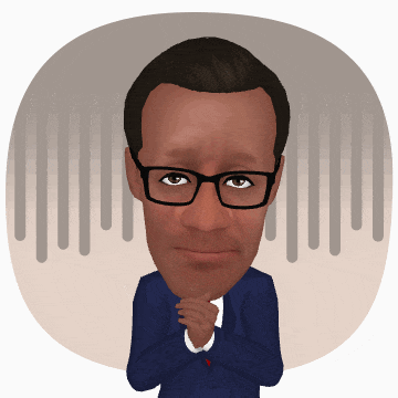 a cartoon drawing of a man wearing glasses and a blue suit