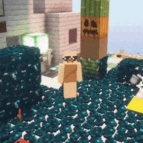 a minecraft character wearing sunglasses stands in front of a stack of blue blocks