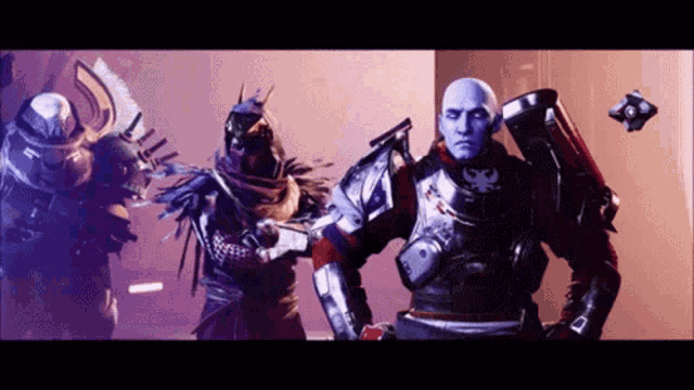 a man with a shield on his back is standing next to another man