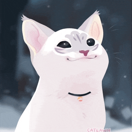 a drawing of a white cat with the name catlawn on the bottom right