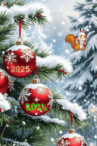 a squirrel is flying over a christmas tree with balls that say 2025
