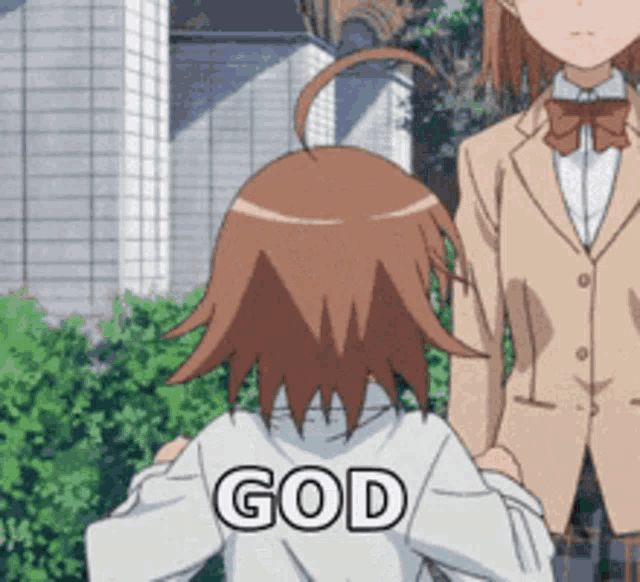 a girl in a school uniform with the word god on her shirt