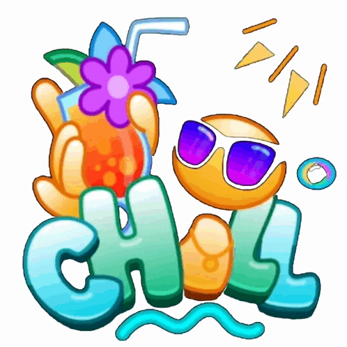 a cartoon drawing of a smiley face wearing sunglasses and holding a drink that says chill