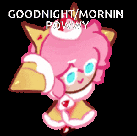 a pixel art of a cookie with the words goodnight / mornin powwy on it