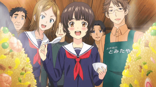 a girl in a school uniform is holding a bowl of food in front of a man wearing an apron that says " o "