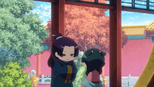 two anime characters standing next to each other in front of a building