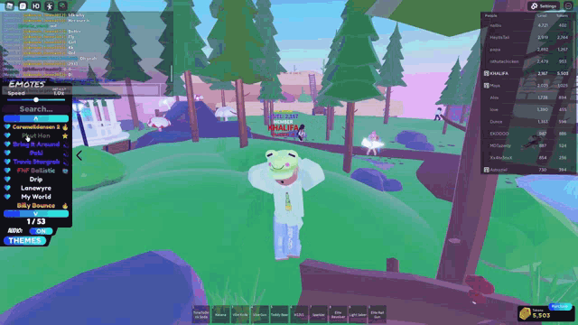 a screen shot of a video game with a frog standing in the middle of a forest