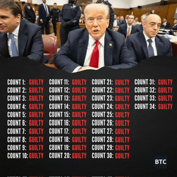 a picture of donald trump sitting in a courtroom with a list of his guilty votes