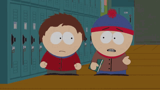 two south park characters are standing next to each other with chatgpt dude written on the bottom