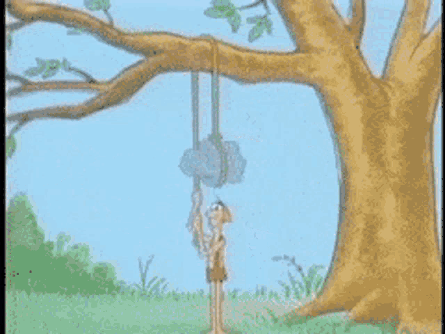 a cartoon drawing of a person hanging from a tree branch