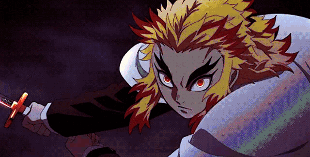 a cartoon character with red eyes is holding a sword in his hand