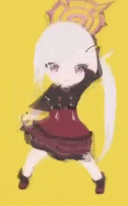 a little girl with white hair and a red skirt is dancing on a yellow background .