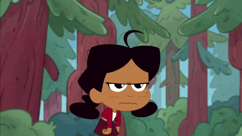 a girl in a red jacket is standing in a forest with trees in the background