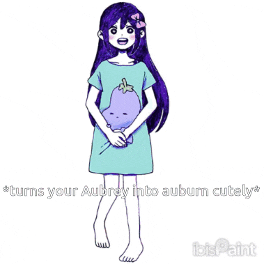 a drawing of a girl with purple hair holding a stuffed animal with the caption turns your aubrey into auburn cutely