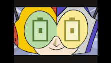 a cartoon drawing of a person with two batteries on their eyes