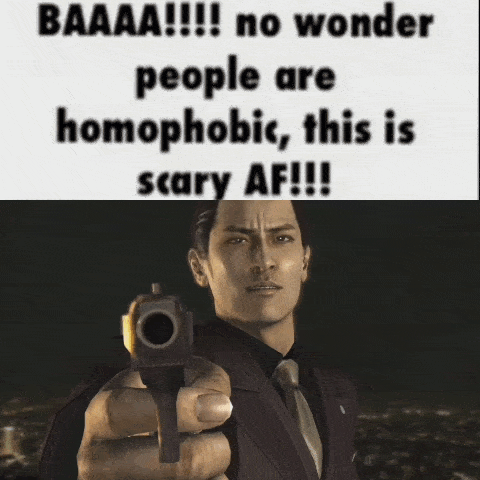a man in a suit and tie is pointing a gun at a poster that says baaa no wonder people are homophobic