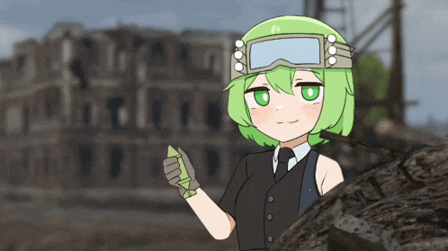 a girl with green hair is wearing goggles and holding something