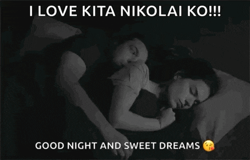 a black and white photo of two people sleeping with the caption " i love kita nikolai ko "