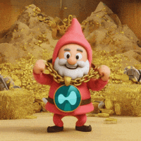 a gnome wearing a chain around his neck is standing in front of a pile of gold coins