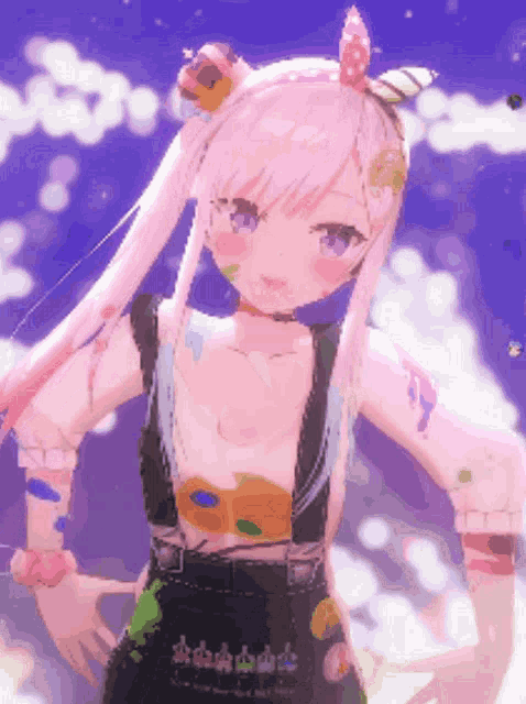 a girl with pink hair is wearing overalls and a crown on her head