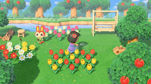 a girl is watering flowers in a game