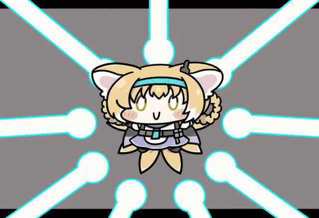 a cartoon drawing of a girl with a cat ear and a blue ribbon around her neck