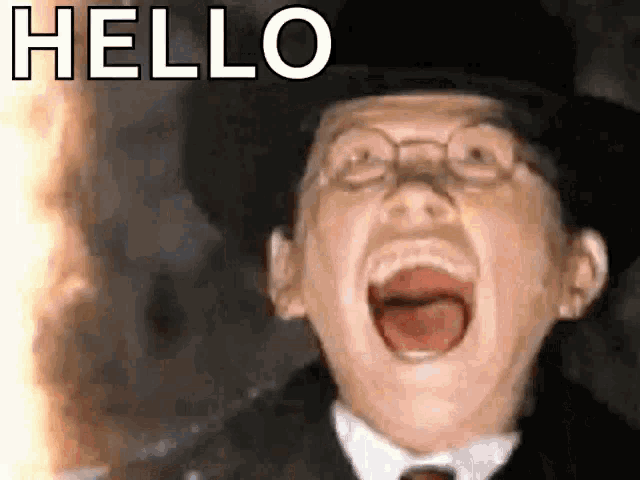 a man wearing a top hat and glasses is screaming with his mouth open and the words hello behind him
