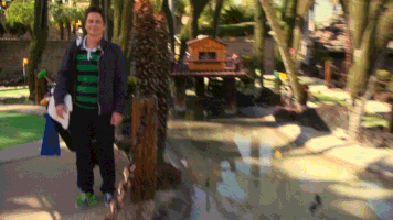 a man standing in front of a tree house