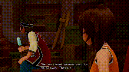 a video game character says we don 't want summer vacation to be over that 's all .