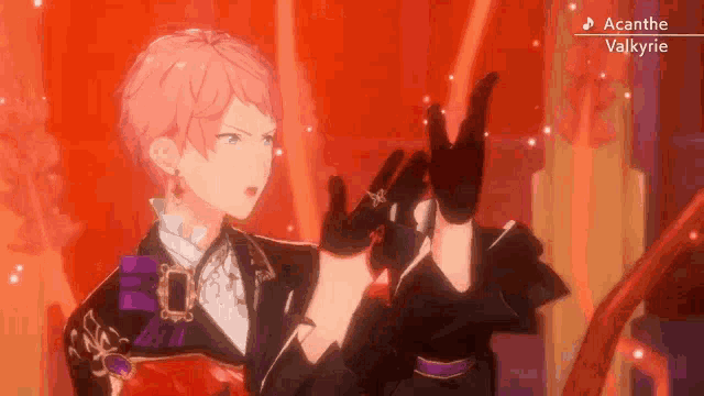 a video game character with pink hair and black gloves is standing in front of a red background .