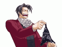 a pixel art of a man in a red suit holding a black object in his hands .