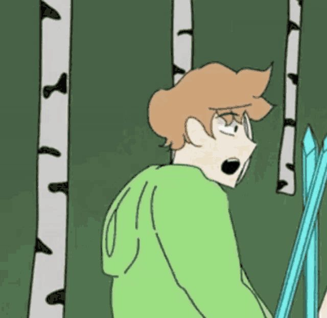 a cartoon of a person holding a sword in a forest .