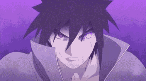 a close up of a person 's face with red eyes and purple hair .