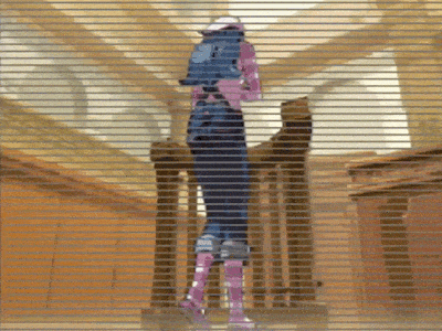 a person in a blue and pink outfit is walking down a hallway