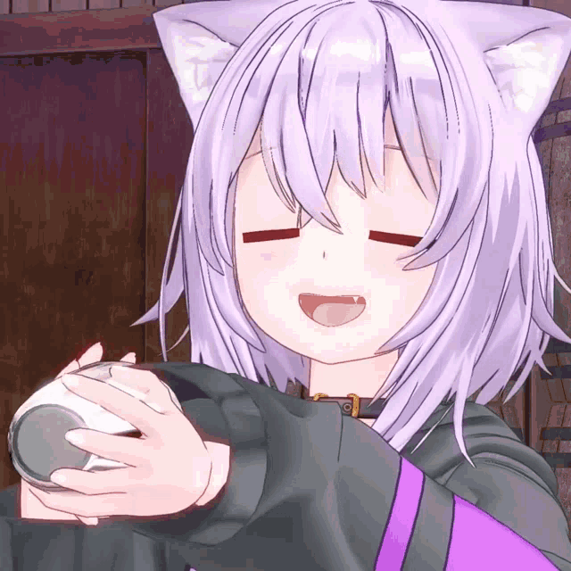 a cartoon character with purple hair and cat ears is holding something