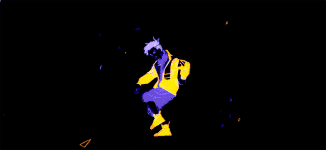 a man with purple hair and yellow eyes is wearing a black and yellow jacket