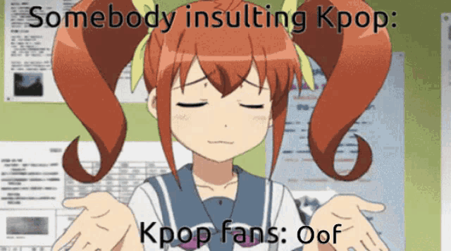 a picture of a girl with the words somebody insulting kpop