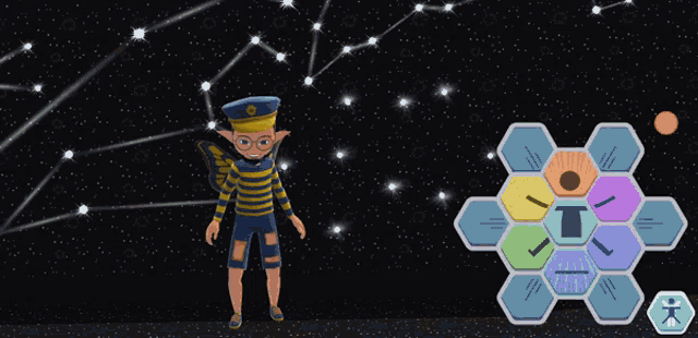 a cartoon character standing in front of a starry sky with a butterfly wing