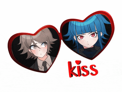 a couple of hearts with the word kiss in red