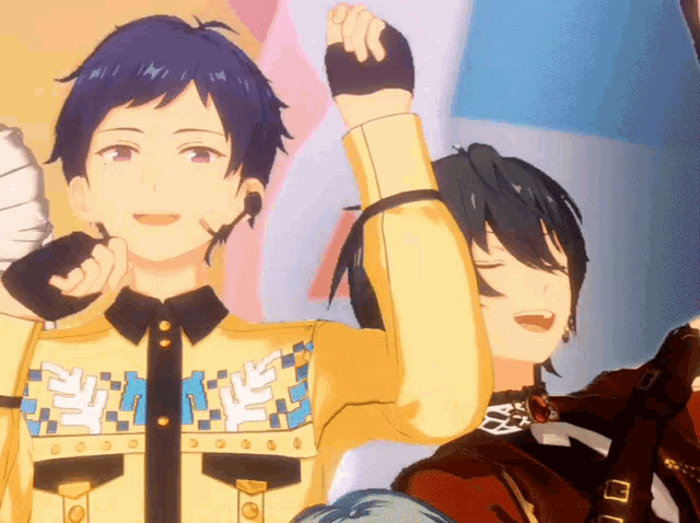 a couple of anime characters one of which is wearing a yellow shirt