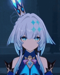 a girl with white hair and blue eyes is wearing a crown and a blue dress .