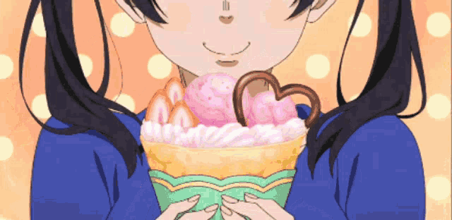 a girl in a blue shirt is holding a crepe with strawberries and whipped cream
