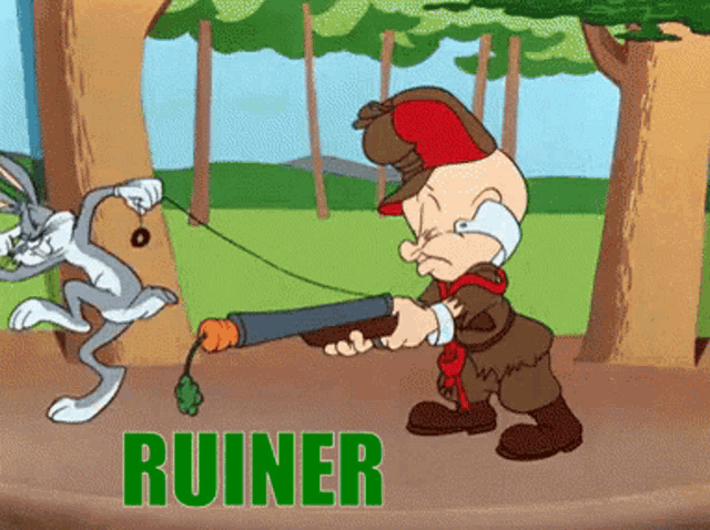 a cartoon of bugs bunny and elmer fudd with the word ruiner in green letters